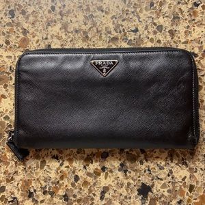Prada Saffiano Leather Triangle Zip Around Wallet